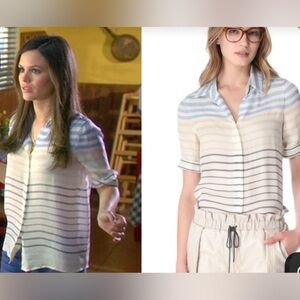 L'AGENCE Silk Striped Short Sleeve Button Down Shirt